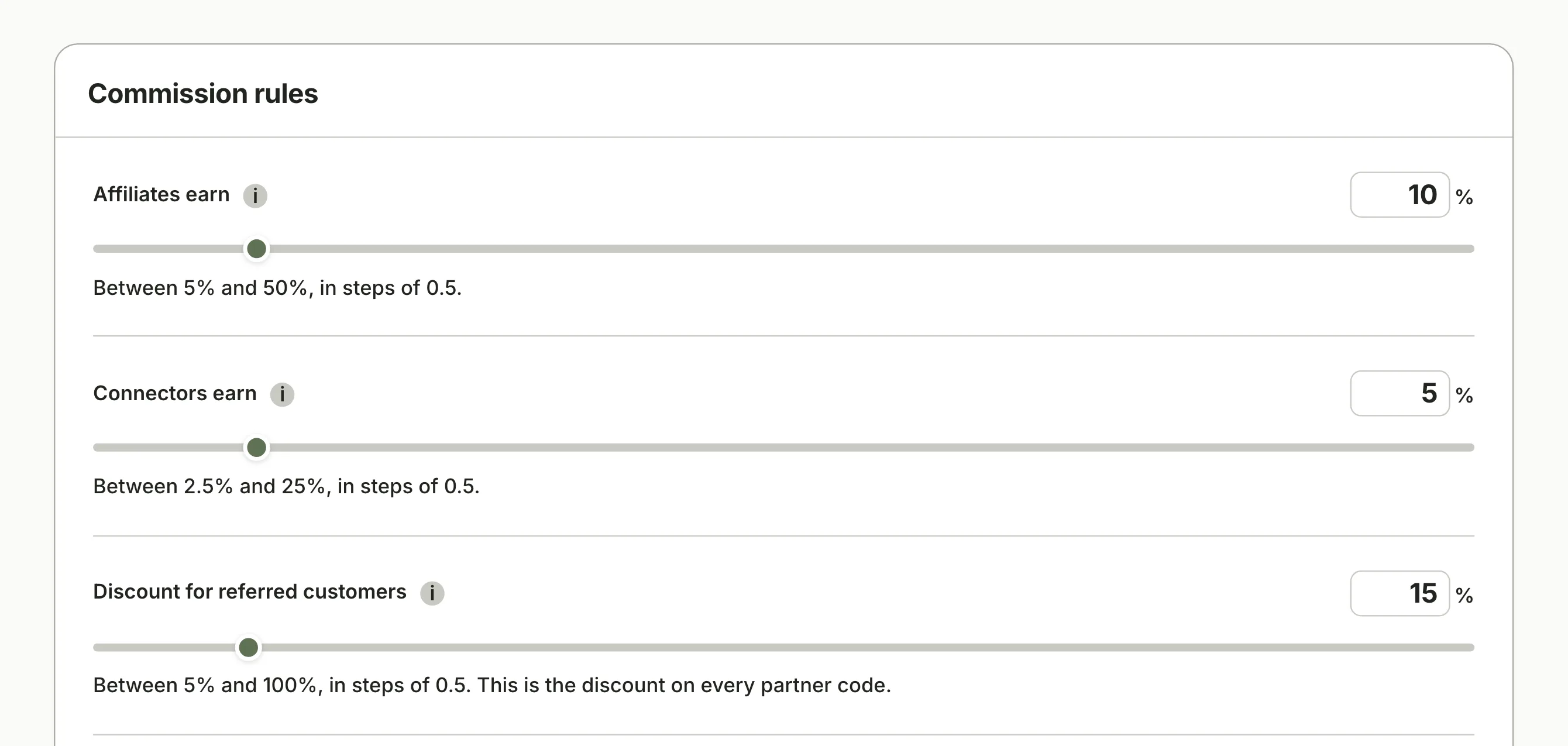 The commission rules page, with a slider and a number field each for what affiliates earn, what connectors earn, and the discount referred customers get.